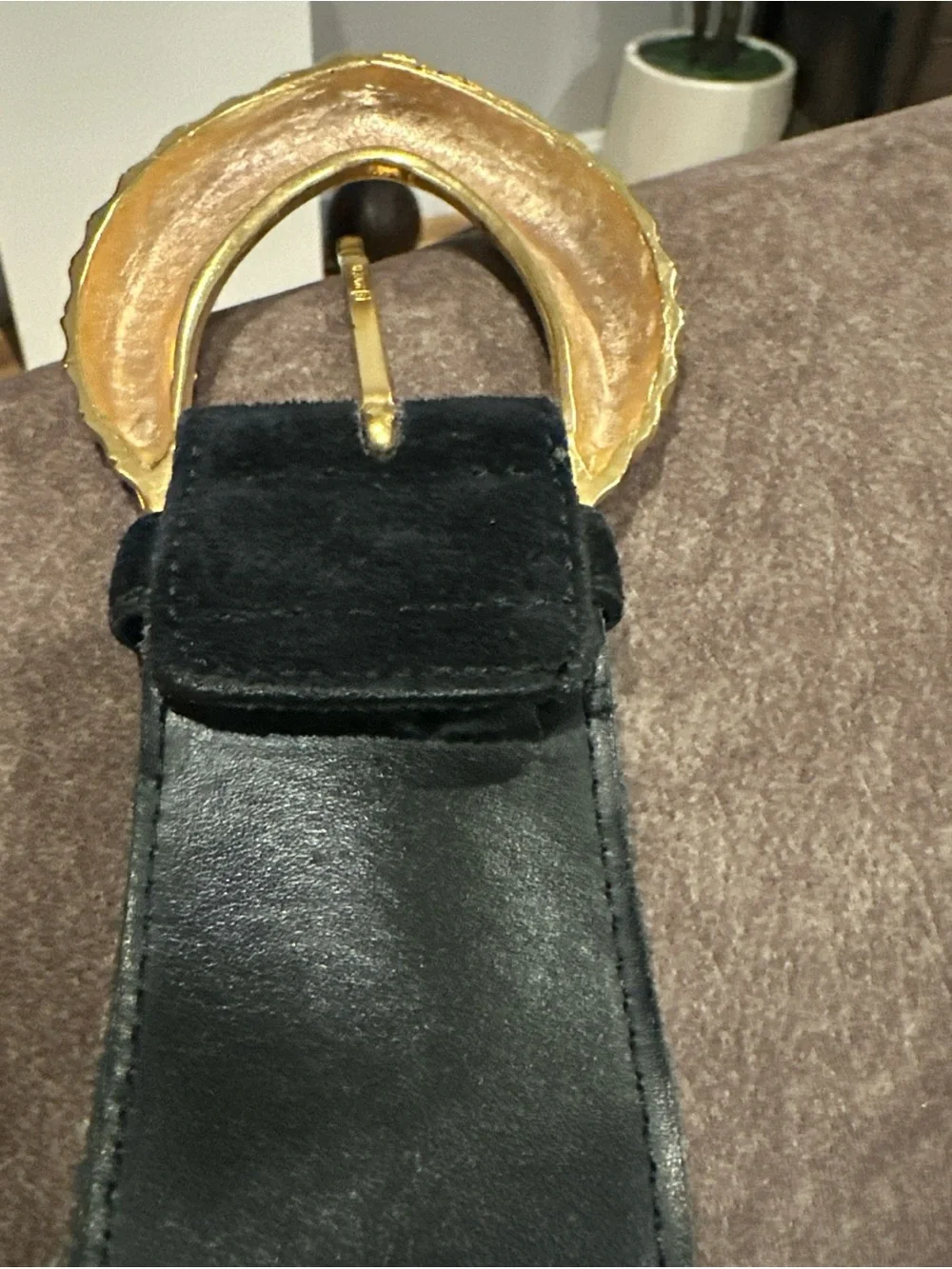 Gold Leaf Buckle Black Suede Women's Belt